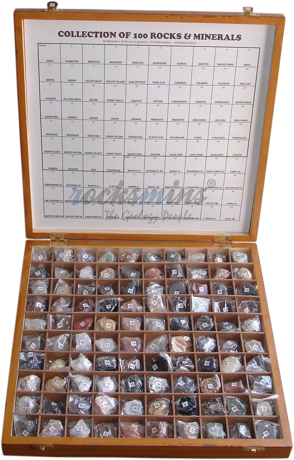 Rocks & Minerals Collections Set of 100 in Wooden Box